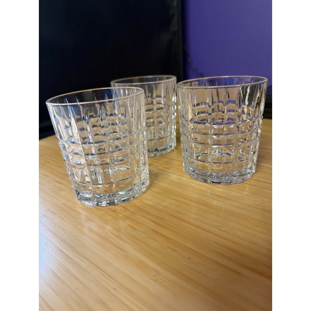 Set of 3 Heavy Clear Pressed Glass Rocks Tumblers Old Fashioned‎
